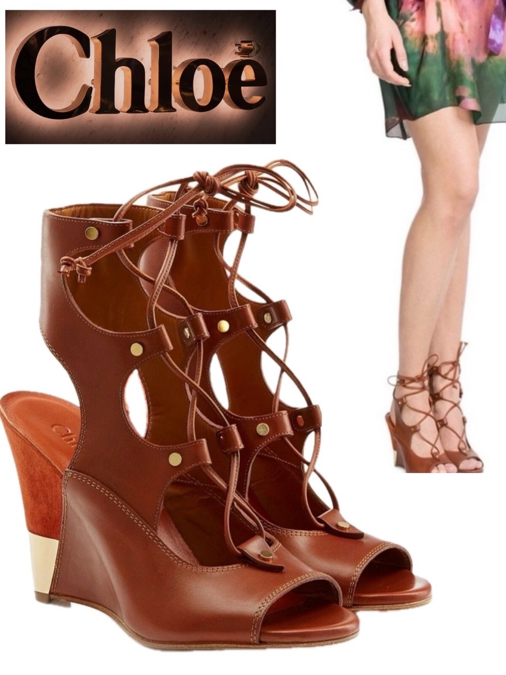 CHLOÉ Eliza Leather & Suede Lace-up Wedge Sandals Brown